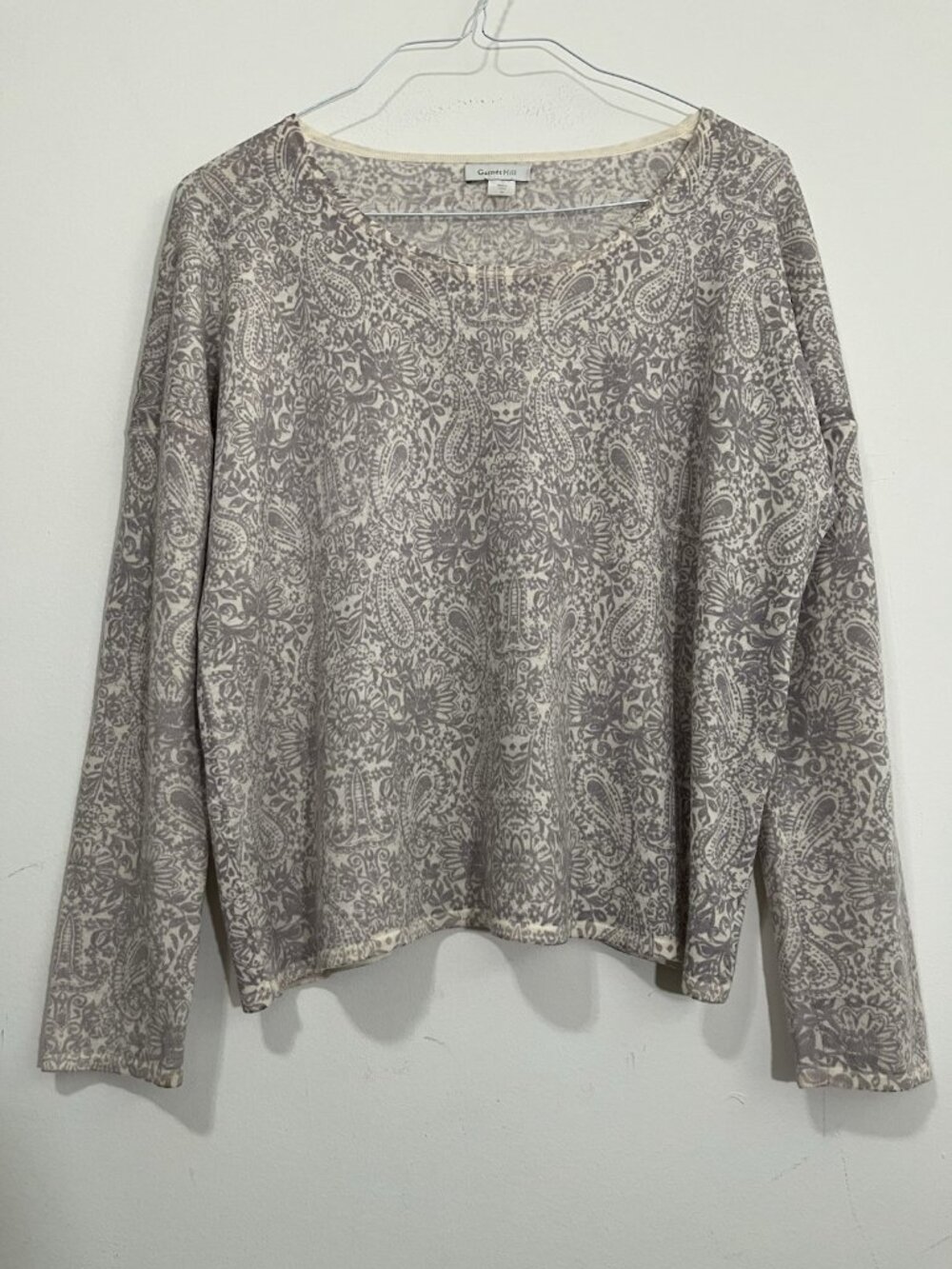 Garnet Hill Eco 100% Merino Wool Paisley Scoop Neck Sweater Lavender Cream Sz M